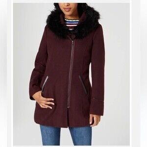 Maralyn & Me Juniors Faux Fur Trim Asymmertical Hooded Maroon Coat Sz M …